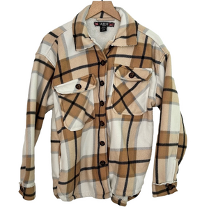 Jazzie Oversized Sherpa Flannel Cardigan Shacket Sweater Plaid Large Brown Cream